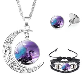 Aquasuki Blue Wing Dragon Moon Pendant Necklace，Bracelet，Earrings Jewelry Set Gifts for Women Men Teen, Multicolor