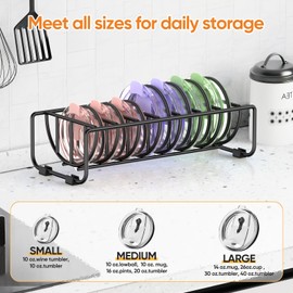 herehomi Tumbler Lid Organizer, Metal Cup Lid Holder Water Bottle Lid Organizer for Kitchen Cabinet, Space Saving Horizontal Cup Lid Storage Keep Countertop Cupboard Tidy