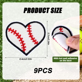 9pcs Softball Heart Patches, Sports Iron On Sew On Patches Stylish Baseball Heart Patches Strong Glue Embroidered Applique Patches for Sports Jerseys Hats Pants Repair Decorating