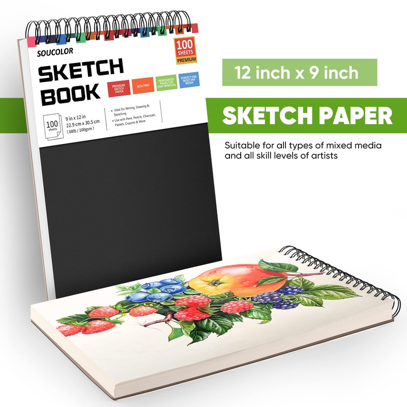 Soucolor 9" x 12" Sketch Book, 1-Pack 100 Sheets Spiral