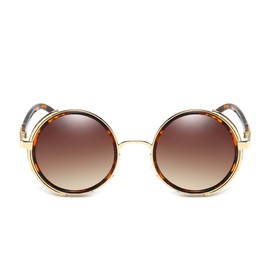 Dollger Steampunk Vintage Retro Round Sunglasses Metal Circle Leopard Frame (Brown Lens+Leopard Frame,100% UV Protection Lens)