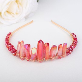 Teyglen Red Raw Crystal Quartz Headband Clear Crystal Headband Moon Goddess Hair Band Hoop Mermaid Witch Bride Headpiece Hair Accessories for Women Girls (Red)