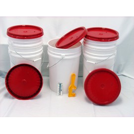 Bucket Kit, Five White 6 Gallon Buckets Red Snap-on Lids and one Lid Wrench