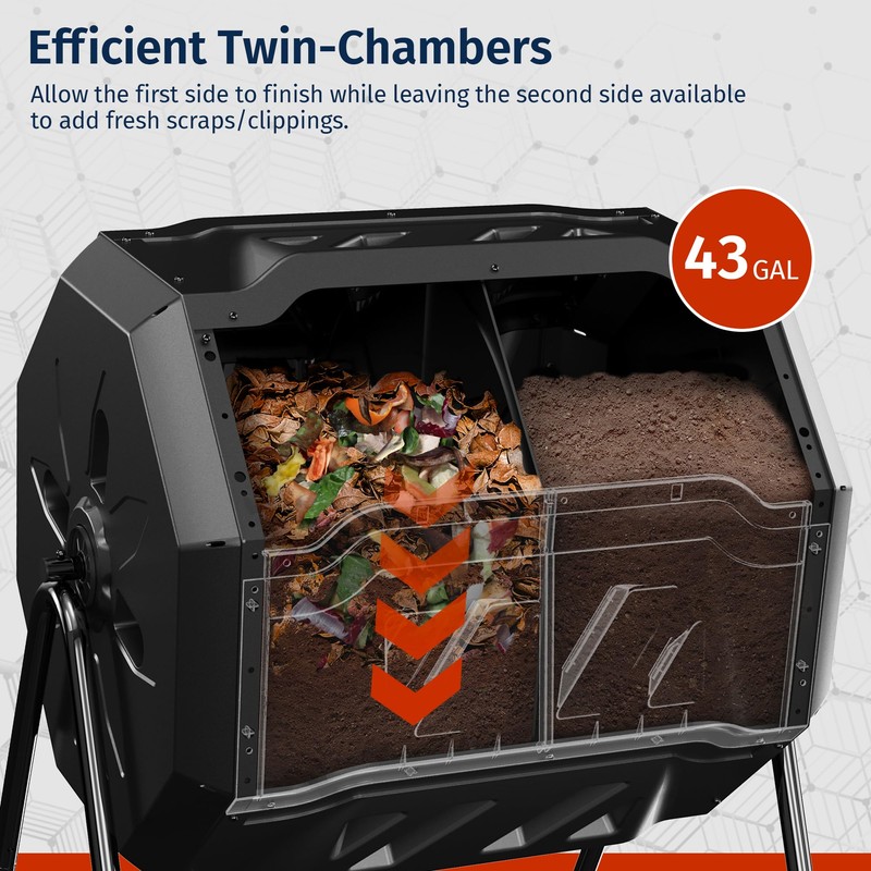 EAST OAK Compost Tumbler Outdoor, 43-Gal Dual Chamber Compost Bin