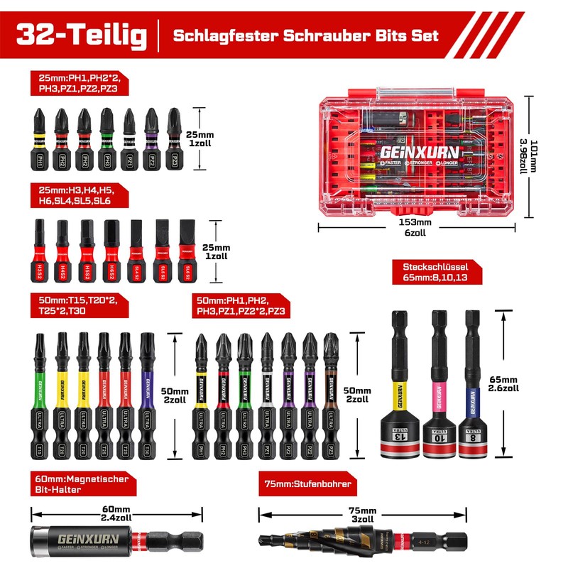 GEINXURN 32-Piece Impact Resistant Screwdriver Bit Set, S2 Steel Magnetic