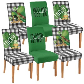 shuownshg St Patricks Day Chair Covers Set of 6 Shamrock Gnome Dining Chair Seat Cover Stretch Removable Green Chair Slipcover Protector for St Patrick's Dining Room Kitchen Home Decor
