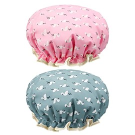 2 Packs Reusable Waterproof Shower Caps Double Layers Shower Caps With Elastic Edge Covering Ears Keeping Hair Dry Fitting Perfectly on Head for Girls and Women