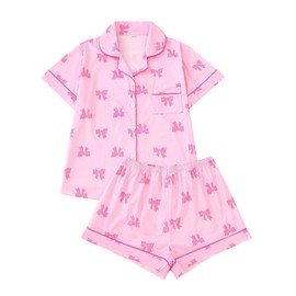 SHENHE Women's 2 Piece Pajama Set Bow Print Button Down Short Sleeve Pjs Short Set Sleepwear Pink Medium