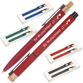 Writing Set with Desired Engraving, Ballpoint Pen and Rollerball Pen, Bamboo Press, Recycled Aluminium, Blue Writing, 4 Colours, Fonts, Promotional Ballpoint Pen Engraving (Red, 1)
