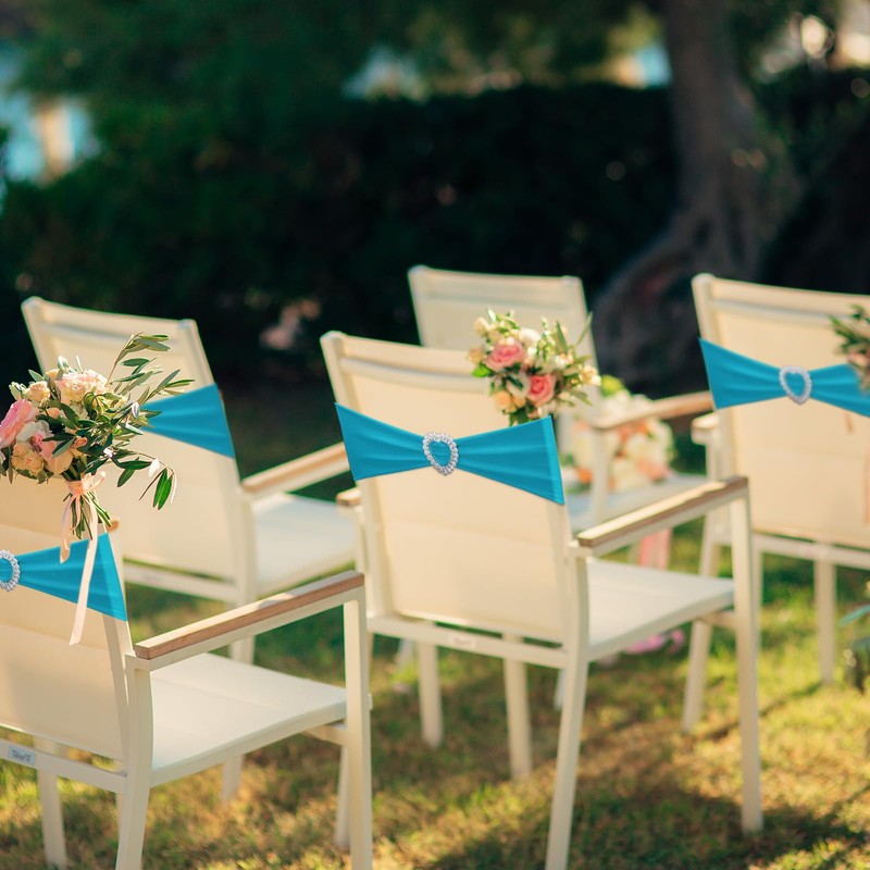 VitalCozy 100 Pcs Spandex Chair Sashes with Heart Buckle Slider,Turquoise