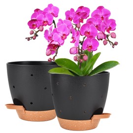 Vanslogreen 6 Inch Orchid Pots with Holes, 2 Pack Self Watering Planters for Orchids Plastic Orchid Pot Plant Flower Pots for Orchids Indoor Outdoor (Black with Brown)