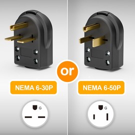2-in-1 Nema 6-30P/6-50P Plug 30/50 Amp 250 Volt Angle Plug, 3 Pole 3 Wire Straight Blade Plug for Welder and Ranges, Cable OD Max. 1.0 Inch Black