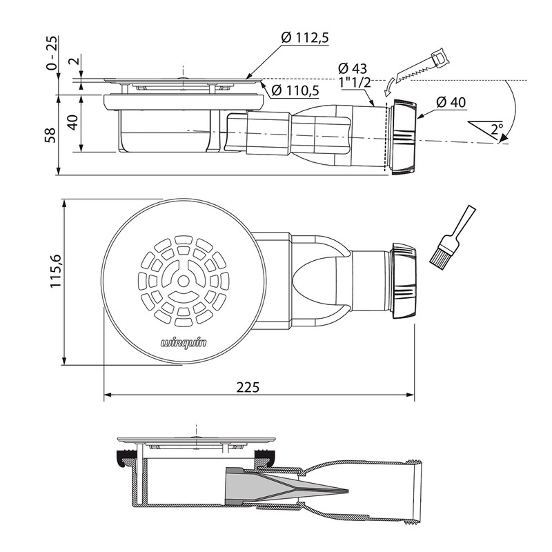 Wirquin 30723394 Slim Shower Drain with Stainless Steel Grille for