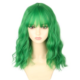 LeMarnia Women's Green Short Bob Wavy Wig with Air Bangs, St. Patrick's Day Wig Heat Resistant Shoulder Length Curly Wigs for Daily Use, Cosplay and Theme Party