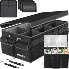 FORTEM Organizador de Maletero Coche y SUV - Caja Plegable con 3 Compartimentos Extra Grande con Bolsa Nevera - Base Antideslizante - Cinchas Ajustables - Tapa Extraíble (Negro)