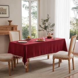 YZJZEDS - Mantel de lino con borlas, estilo granja de color burdeos claro, manteles de arpillera resistentes al agua para mesa cuadrada, 60 x 84 pulgadas, color café claro