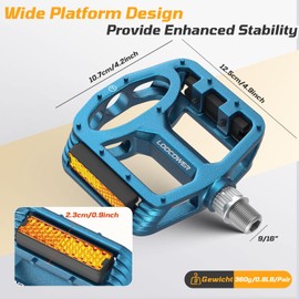 Mountain Bike Pedals with Reflectors Strips, 9/16" Non-Slip Aluminum Alloy Cycling Platform Bicycle Pedal for MTB BMX Racing Road E-Bike - Blue
