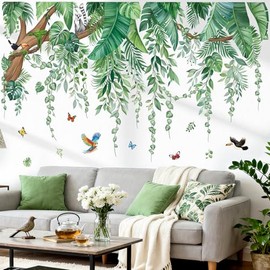 wondever Large Green Tropical Leaves Wall Stickers Hanging Vines Palm Tree Peel and Stick Wall Art Decals for Bedroom Living Room Nursery