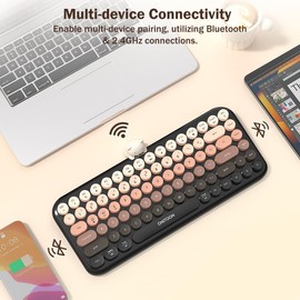 Wireless Bluetooth Keyboard for iPad/Tablet/Laptop/PC/Windows/Mac, Retro Typewriter Keyboard Colorful Round Keycaps, Cute Magnetic Bear, Multi-Device Support, 2.4GHz Cordless Connection with Shortcuts