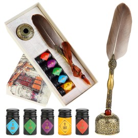 GC QUILL Feather Glass Dip Pen and Ink Set, Glass Calligraphy Pen with 5 Colors Ink and Pen Holder for Writing Drawing– MU-21