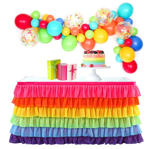 PHOGARY Rainbow Table Skirt Table Cloth for Rectangle or Round Table, 6 Layers Tulle Table Skirt for Kids Girls Birthday Wedding Baby Shower Unicorn Party Fiesta Home Decor (6ftx30in)