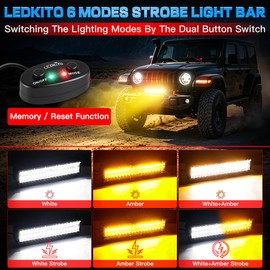 LEDKITO 12In LED Light Bar Kit Amber White 6Mode Strobe Spot Flood Combo Triple Row Dual Color OffRoad LED Driving Work Fog Flashing Lights Bar with Memory Reset Function for ATV UTV SUV Trucks Pickup