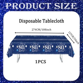 80th Birthday Table Cloth, 137x274cm Tablecloths Blue and Sliver 80th Birthday Party Table Decor, Plastic Waterproof Rectangular Table Cover for Men Women, Birthday Gifts Party Table Decoration