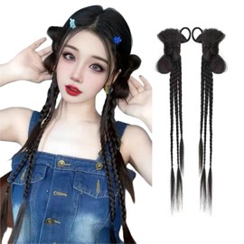 MISS FANCY Braid Wig, Bowknot Wig, Hair Clip, Braid, Extension, Wig, Twin Tail, Birthday Party, Costume, Event, Girl, Women, Children, Adult (Natural Black)