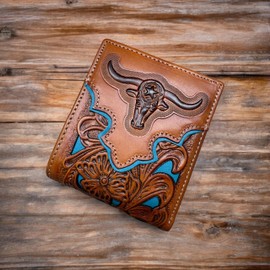 Western Stakes Mens Wallet Floral Longhorn Embossed Cowboy Western Leather Wallet High End Cut Out Layered Leather Style Mens Wallets Leather Bull Rider Rodeo Gifts For Men (Brown & Teal)
