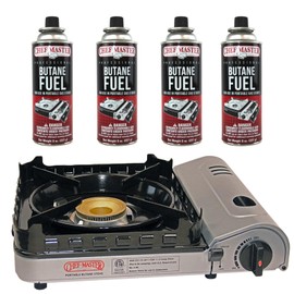 Chef Master 15,000 BTU Portable Butane Camping Stove COMBO with 4 x 8oz. Butane Fuel Canister, Double Wind-Guard Portable Stove Burner for Emergency, Road Trip, Backpacking & Camping Essential - 90019