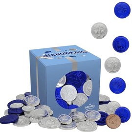 The Dreidel Company 1-Pound Chocolate Coins, Nut-Free, Made With Premium Belgian Milk Chocolate, Kosher Dairy Blue and Silver Chanukah Gelt With Menorah And Dreidel Design Over 70 Coins individually wrapped in Blue and Silver Menorah and Dreidel Design Foils!