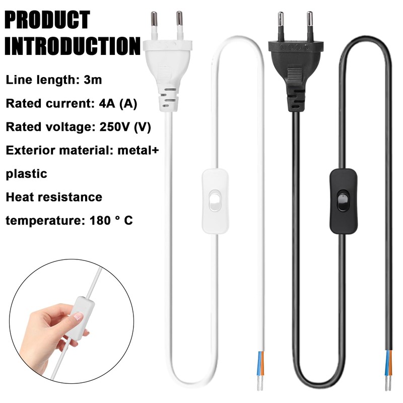 Pack of 4 Power Cable with Switch, 3 m Euro