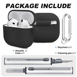 Woyinger for AirPods 4th Case Cover, Soft Silicone Case with Cleaner Kit, Keychain, Full Protection for Men and Women, Compatible with AirPods 4th Generation (Black)