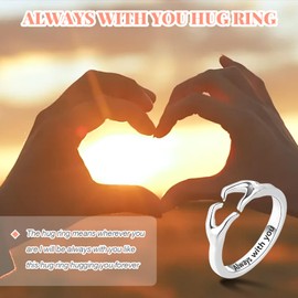 Silver Hug Ring Engraved, Engagement Rings Hug Rings for Women Silver, Women Hug Ring, Love Hug Hands Open Ring Jewelry for Girls Men Engraved Words Hugging Hands Open Ring Friendship Jewelry Gift