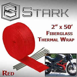 Red 2" x 50FT Exhaust Header Fiberglass Heat Wrap Tape w/ 5 Steel Ties - Red (H)