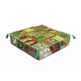 CRAFT KALA Indian Square Patchwork Traditional Pouf Cover Indian Living Room Poufs Decorative Embroidered Designer Ottoman Home Living Footstool Chair Cover Decor Pillow Cover 22x22x5 inches, Green