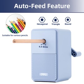 Deli Manual Pencil Sharpener, Auto-in Hand Crank Pencil Sharpener with Adjustable Point for Pencils and Colored Pencils, Pencil Sharpener for Kids, Students, Classroom, Home and Office, Blue