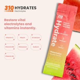 310 Hydrate Watermelon Electrolytes Powder Packets - No Sugar Hydration Packets with Key Vitamins & Minerals - Keto Friendly - Tasty Sugar Free Electrolyte Drink - 30 Single Servings