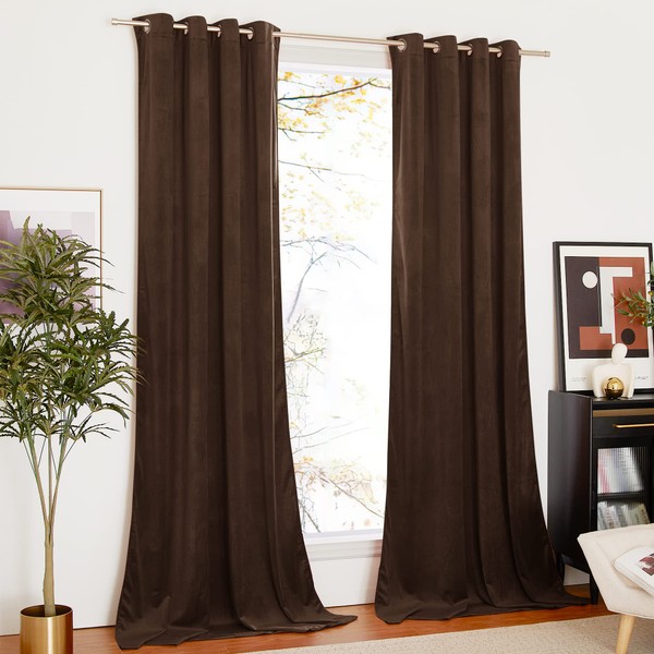 NICETOWN Brown Velvet Textured Curtains/Drapes, Media Movie Theater Room Decor, Room Darkening Curtains with Grommet for Holiday Season Home Decoration (Set of 2, W52xL96 inches)