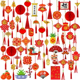 Winlyn 128 Pcs Chinese New Year Decorations Chinese Hanging Good Luck Ornaments Red Lanterns Festive Tree Ornaments for Oriental Asian Chinese Lunar New Year 2025 Year of The Snake Party Decor