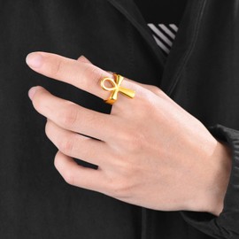U7 Ankh Cross Ring Men Women Hip Hop Jewelry 18K Gold Plated Polished Egyptian Cross Thumb Signet Ring (Size 7)