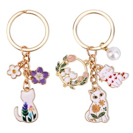 Mikovivi 2pcs Cute Cat Keychain, Kawaii White Cat & Enamel Flower Key Ring Keychain Japanese Decor for Women Bag Charms Key Purse Backpack Handbag Decoration Supplies and Accessories