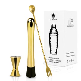 3 Pcs Cocktail Set Mixing Tools for Drinks, Raisaplin Stainless Steel Mixologist Mini Home Bar Bartender Tool Set - Extra Long Drink Muddler, 10" Cocktail Spoon, 0.5 oz 1 oz Measuring Jigger - Gold