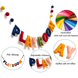 Pre-strung Felt Playroom Banner, Reusable play sign, Boho Playroom Wall Decor, Wool Felt Ball Garland, 3D Effect Playroom Sign Wall Letters for Toddler Girls Boys Kids Playroom Nursery Room Decoration