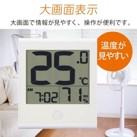 Ohm Electric Thermometer, Capital Letter Thermometer, Hygrometer, Temperature and Hygrometer, Easy to See Temperature, Large Screen, Placed, Wall Mounted, Clock, Calendar, Time, Date, White TEM-210B-W 08-1446 OHM