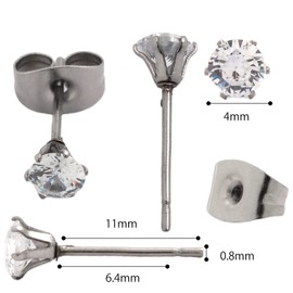 Surgical Stainless Steel Earrings, 0.2 inch (4 mm), 1 Pair of Crystal, Men and Women, Cubic Zirconia