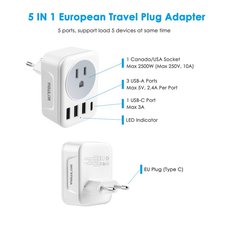 VIEWLON European Plug Adapter Canada US to Europe Travel Essentials,