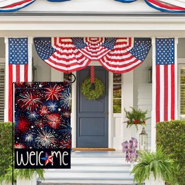 BLKWHT 4th of July Fireworks Garden Flag 12x18 Vertical Double Sided Red Blue Welcome Memorial Day Independence Day Holiday Outside Decorations Burlap Yard Flag BW825