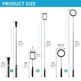 Rechabite 3 Pack Telescoping Inspection Mirrors LED Light & Magnet Flashlight Pickup Tool Set, Large 3.75" Round, 3.3" Square Mirror, for Inspection Viewing, Mechanic Checking, Observation