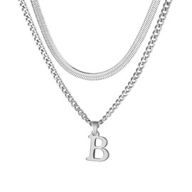 ZENGSING Mens Initial Necklace, Stainless Steel Silver Cuban Chain Adjustable Snake Chain with A-Z Letter Pendant Layered Chain Necklace for Men Dad Boyfriend Birthday Father's Day Gift (B)